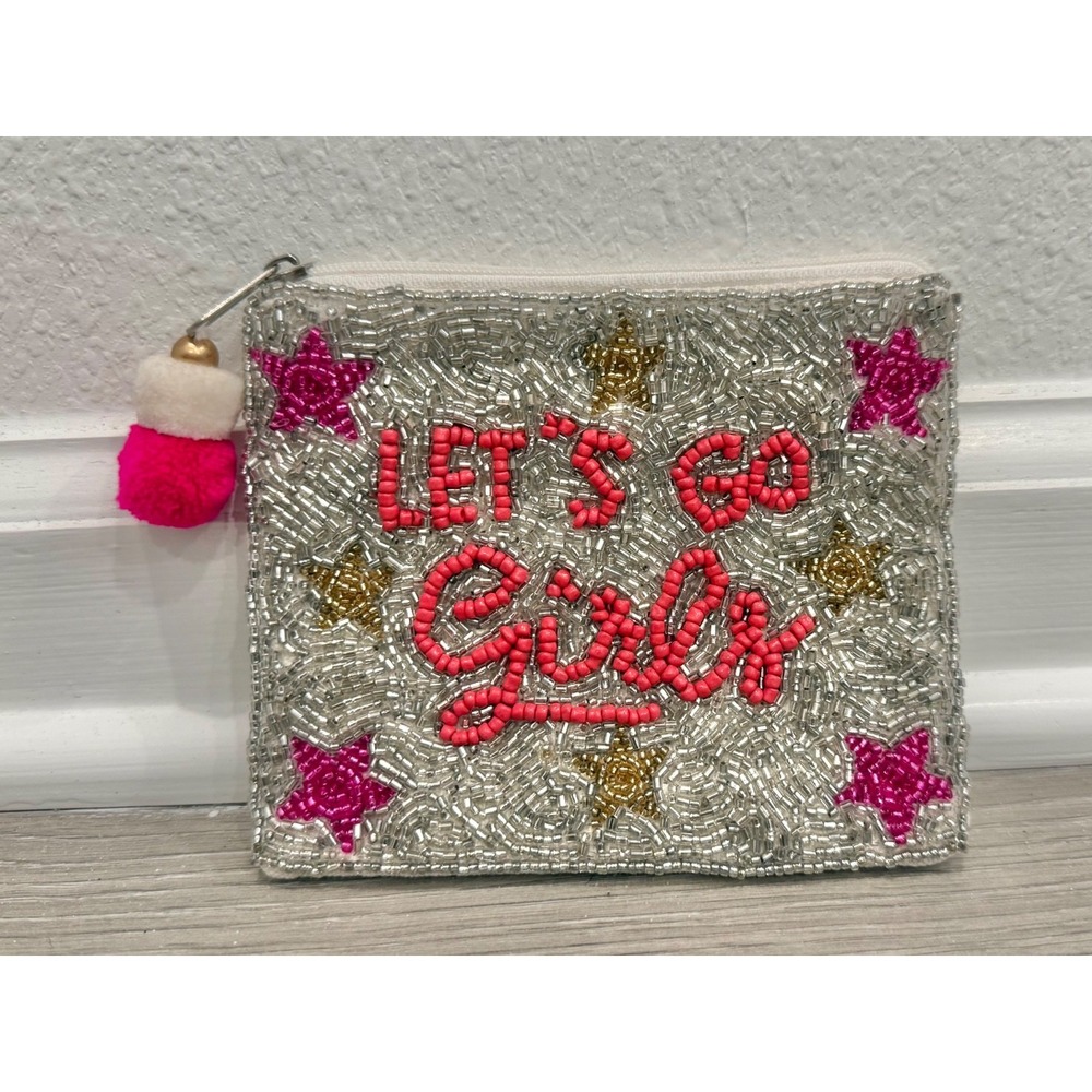 Shirdee Beaded Coin Trinket Bag "Let's Go Girls" Pom Pom Zipper Pouch India